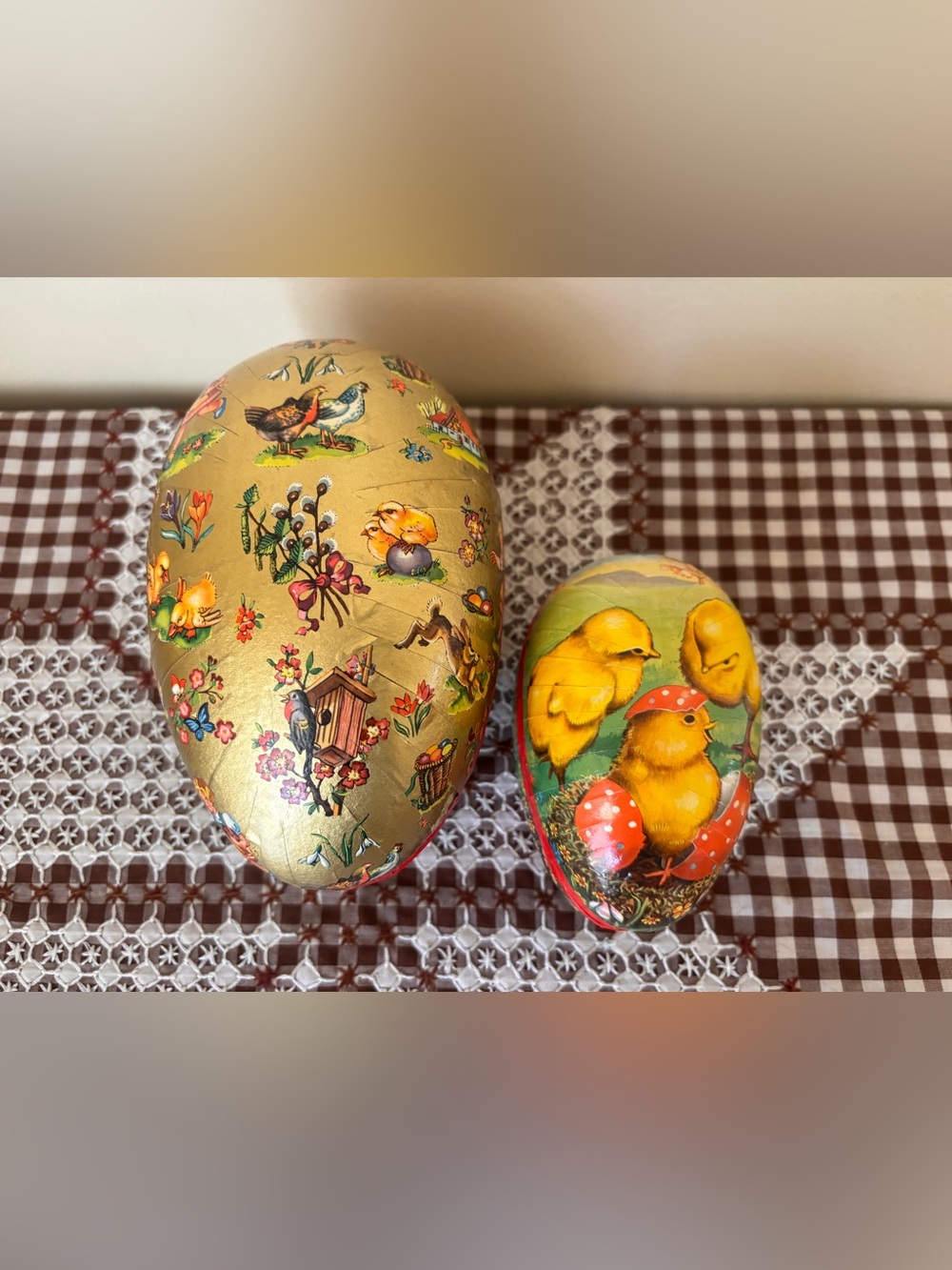 Vintage German Paper Mache Easter Egg nesting set of 2 Gold Foil Decoupage